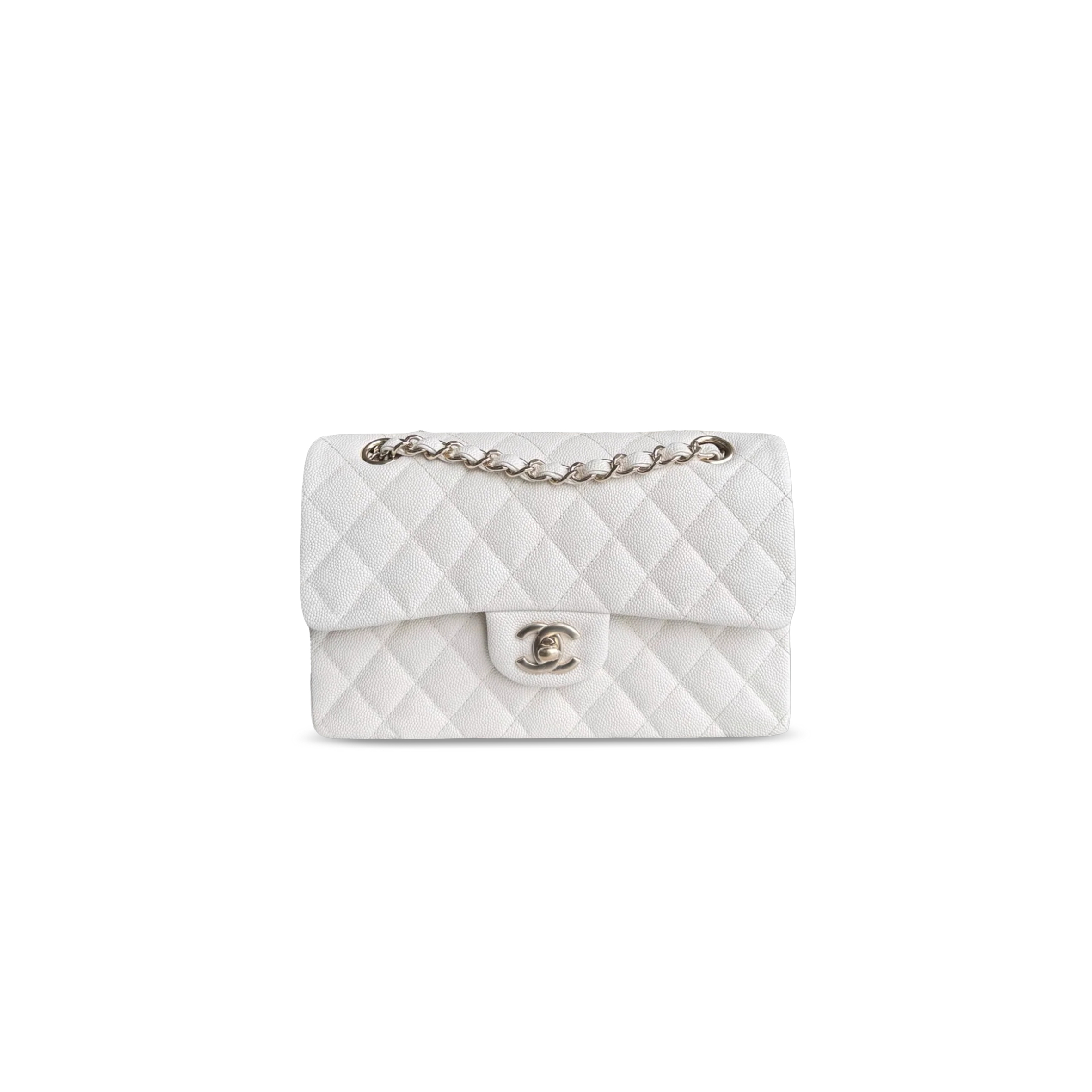 CHANEL MASTER CLASSIC FLAP SMALL QUILTED GRAINED CALFSKIN WHITE LIGHT GOLD HARDWARE A01113 (23*14*6cm)